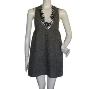 ANNA SUI Target Mini Dress, 1, Tweed, Halter, Spike-y accent neck, Gray fleck